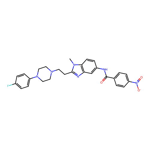 N-(2-(2-(4-(4-fluorophenyl)piperazin-1-yl)ethyl)-1-methyl-1H-benzo[d]imidazol-5-yl)-4-nitrobenzamide structure