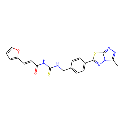 (2E)-3-(furan-2-yl)-N-{[4-(3-methyl[1,2,4]triazolo[3,4-b][1,3,4]thiadiazol-6-yl)benzyl]carbamothioyl}prop-2-enamide structure