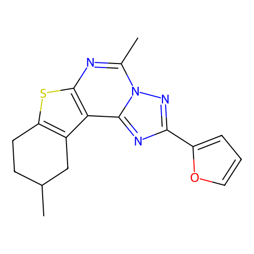 2-(furan-2-yl)-5,10-dimethyl-8,9,10,11-tetrahydro[1]benzothieno[3,2-e][1,2,4]triazolo[1,5-c]pyrimidine structure