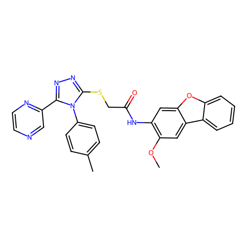 N-(2-methoxybenzo[3,4-b]benzo[d]furan-3-yl)-2-[4-(4-methylphenyl)-5-pyrazin-2- yl(1,2,4-triazol-3-ylthio)]acetamide structure