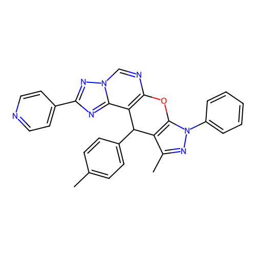 10-methyl-11-(4-methylphenyl)-8-phenyl-2-(pyridin-4-yl)-8,11-dihydropyrazolo[4',3':5,6]pyrano[3,2-e][1,2,4]triazolo[1,5-c]pyrimidine structure
