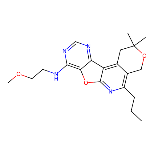 N-(2-methoxyethyl)-2,2-dimethyl-5-propyl-1,4-dihydro-2H-pyrano[4'',3'':4',5']pyrido[3',2':4,5]furo[3,2-d]pyrimidin-8-amine structure