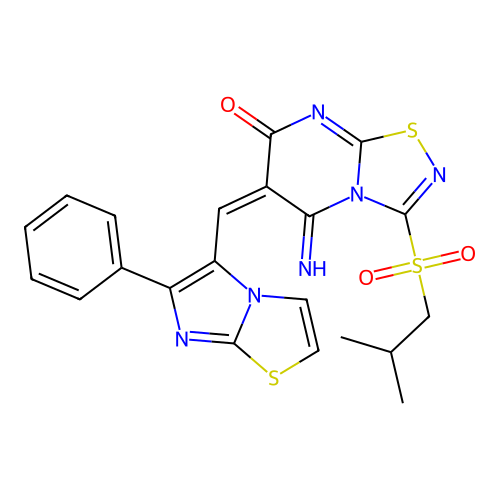 (6E)-5-imino-3-(2-methylpropylsulfonyl)-6-[(6-phenylimidazo[2,1-b][1,3]thiazol-5-yl)methylidene]-[1,2,4]thiadiazolo[4,5-a]pyrimidin-7-one structure