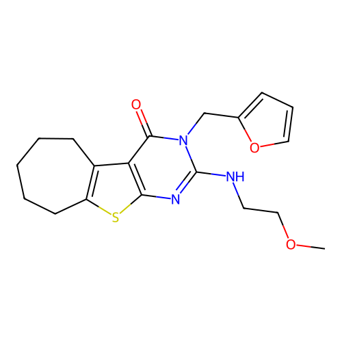 3-(furan-2-ylmethyl)-2-((2-methoxyethyl)amino)-6,7,8,9-tetrahydro-3H-cyclohepta[4,5]thieno[2,3-d]pyrimidin-4(5H)-one structure