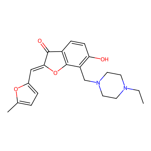 (2Z)-7-[(4-ethylpiperazin-1-yl)methyl]-6-hydroxy-2-[(5-methylfuran-2-yl)methylidene]-2,3-dihydro-1-benzofuran-3-one structure