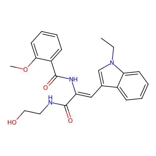 N-[2-(1-ethylindol-3-yl)-1-(2-hydroxyethylcarbamoyl)ethenyl]-2-methoxy-benzamide structure