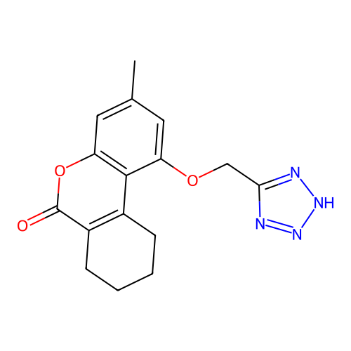 3-methyl-1-(2H-tetrazol-5-ylmethoxy)-7,8,9,10-tetrahydrobenzo[c]chromen-6-one structure