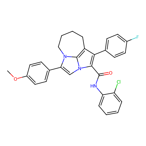 N-(2-chlorophenyl)-1-(4-fluorophenyl)-4-(4-methoxyphenyl)-5,6,7,8-tetrahydro-2a,4a-diazacyclopenta[cd]azulene-2-carboxamide structure