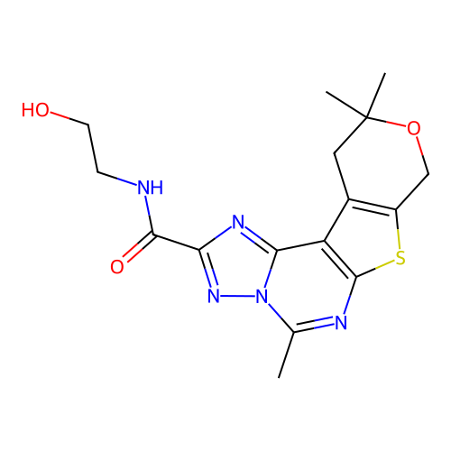 N-(2-hydroxyethyl)-5,10,10-trimethyl-10,11-dihydro-8H-pyrano[4',3':4,5]thieno[3,2-e][1,2,4]triazolo[1,5-c]pyrimidine-2-carboxamide structure
