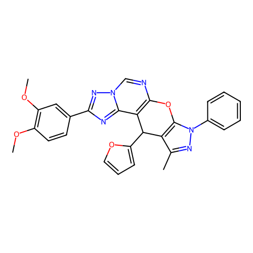 2-(3,4-dimethoxyphenyl)-11-(furan-2-yl)-10-methyl-8-phenyl-8,11-dihydropyrazolo[4',3':5,6]pyrano[3,2-e][1,2,4]triazolo[1,5-c]pyrimidine structure