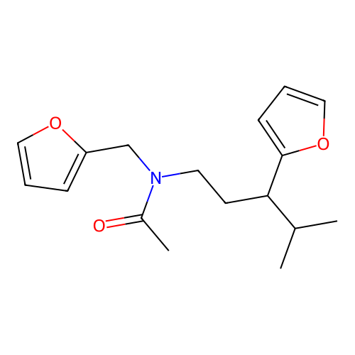 N-(furan-2-ylmethyl)-N-[3-(furan-2-yl)-4-methylpentyl]acetamide structure