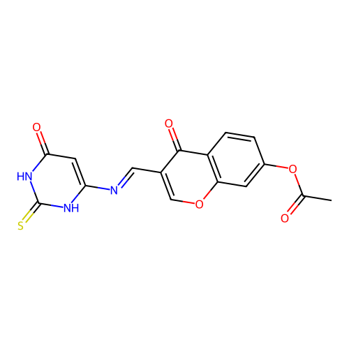 (E)-4-oxo-3-(((6-oxo-2-thioxo-1,2,3,6-tetrahydropyrimidin-4-yl)imino)methyl)-4H-chromen-7-yl acetate structure