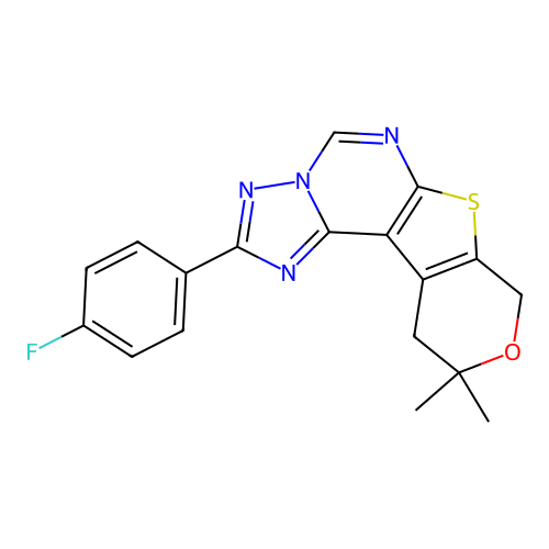 2-(4-fluorophenyl)-10,10-dimethyl-10,11-dihydro-8H-pyrano[4',3':4,5]thieno[3,2-e][1,2,4]triazolo[1,5-c]pyrimidine structure