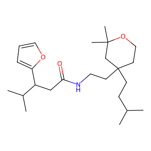 N-[2-[2,2-dimethyl-4-(3-methylbutyl)oxan-4-yl]ethyl]-3-(furan-2-yl)-4-methylpentanamide structure