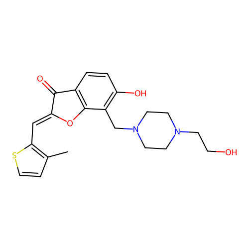 (2Z)-6-hydroxy-7-{[4-(2-hydroxyethyl)piperazin-1-yl]methyl}-2-[(3-methylthiophen-2-yl)methylidene]-2,3-dihydro-1-benzofuran-3-one structure