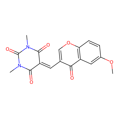 5-[(6-methoxy-4-oxochromen-3-yl)methylidene]-1,3-dimethyl-1,3-diazinane-2,4,6-trione structure