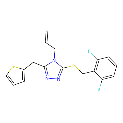 4-allyl-3-((2,6-difluorobenzyl)thio)-5-(thiophen-2-ylmethyl)-4H-1,2,4-triazole structure