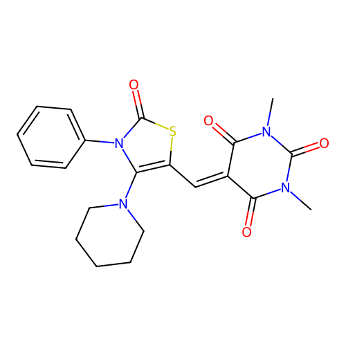 1,3-Dimethyl-5-(2-oxo-3-phenyl-4-piperidin-1-yl-2,3-dihydro-thiazol-5-ylmethylene)-pyrimidine-2,4,6-trio ne structure