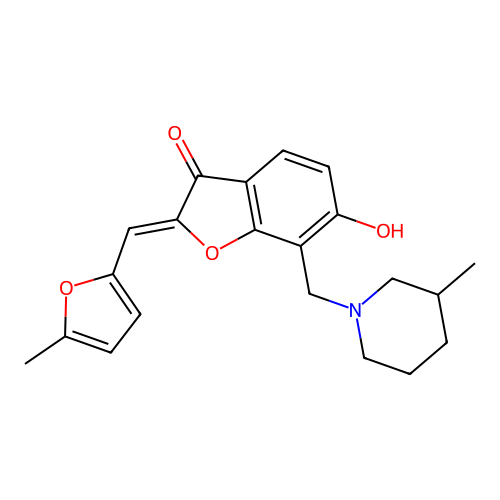 (2Z)-6-hydroxy-2-[(5-methylfuran-2-yl)methylidene]-7-[(3-methylpiperidin-1-yl)methyl]-2,3-dihydro-1-benzofuran-3-one structure