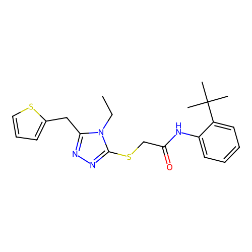 N-(2-tert-butylphenyl)-2-{[4-ethyl-5-(thiophen-2-ylmethyl)-4H-1,2,4-triazol-3-yl]sulfanyl}acetamide structure