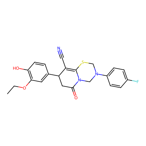 8-(3-ethoxy-4-hydroxyphenyl)-3-(4-fluorophenyl)-6-oxo-3,4,7,8-tetrahydro-2H,6H-pyrido[2,1-b][1,3,5]thiadiazine-9-carbonitrile structure