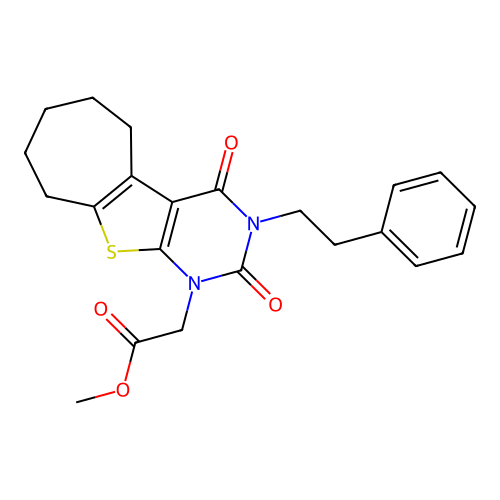 methyl [2,4-dioxo-3-(2-phenylethyl)-3,4,6,7,8,9-hexahydro-2H-cyclohepta[4,5]thieno[2,3-d]pyrimidin-1(5H)-yl]acetate structure