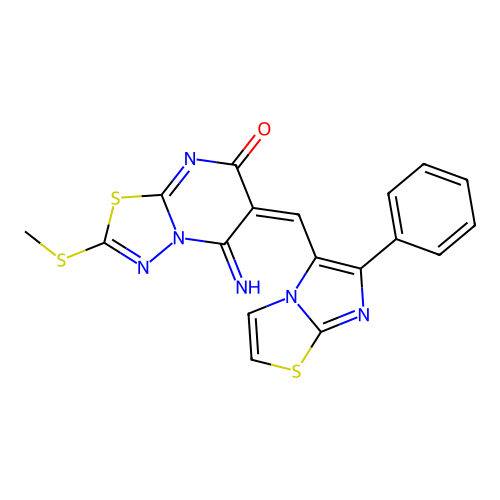 (6E)-5-imino-2-(methylsulfanyl)-6-[(6-phenylimidazo[2,1-b][1,3]thiazol-5-yl)methylidene]-5,6-dihydro-7H-[1,3,4]thiadiazolo[3,2-a]pyrimidin-7-one structure