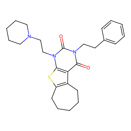 3-(2-phenylethyl)-1-[2-(piperidin-1-yl)ethyl]-1,5,6,7,8,9-hexahydro-2H-cyclohepta[4,5]thieno[2,3-d]pyrimidine-2,4(3H)-dione structure