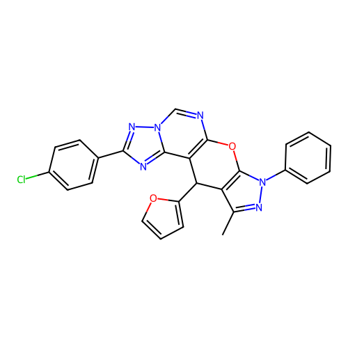 2-(4-chlorophenyl)-11-(furan-2-yl)-10-methyl-8-phenyl-8,11-dihydropyrazolo[4',3':5,6]pyrano[3,2-e][1,2,4]triazolo[1,5-c]pyrimidine structure