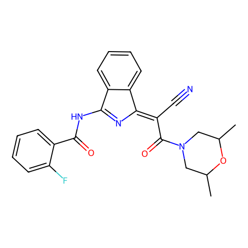 (Z)-N-(1-(1-cyano-2-(2,6-dimethylmorpholino)-2-oxoethylidene)-1H-isoindol-3-yl)-2-fluorobenzamide structure