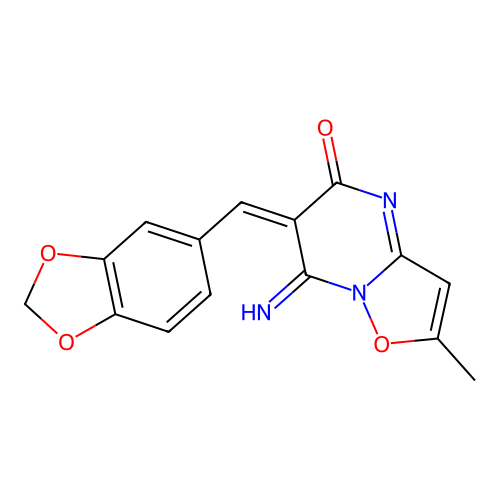 (6E)-6-(1,3-benzodioxol-5-ylmethylidene)-7-imino-2-methyl-[1,2]oxazolo[2,3-a]pyrimidin-5-one structure