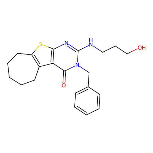 3-benzyl-2-((3-hydroxypropyl)amino)-6,7,8,9-tetrahydro-3H-cyclohepta[4,5]thieno[2,3-d]pyrimidin-4(5H)-one structure
