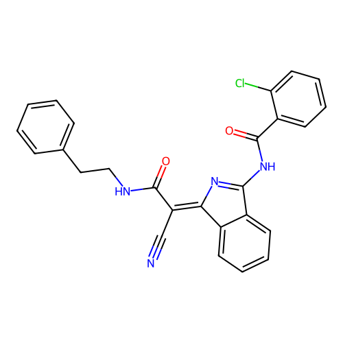 (Z)-2-chloro-N-(1-(1-cyano-2-oxo-2-(phenethylamino)ethylidene)-1H-isoindol-3-yl)benzamide structure