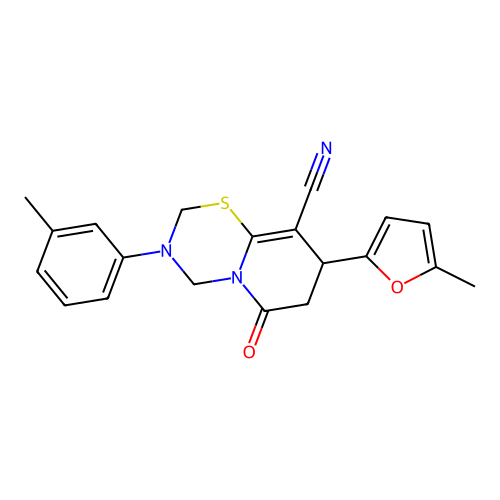 8-(5-methylfuran-2-yl)-3-(3-methylphenyl)-6-oxo-2,4,7,8-tetrahydropyrido[2,1-b][1,3,5]thiadiazine-9-carbonitrile structure