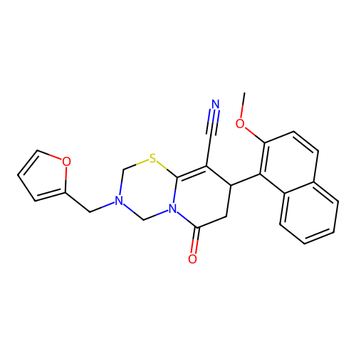 3-(furan-2-ylmethyl)-8-(2-methoxynaphthalen-1-yl)-6-oxo-3,4,7,8-tetrahydro-2H,6H-pyrido[2,1-b][1,3,5]thiadiazine-9-carbonitrile structure