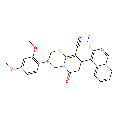 3-(2,4-dimethoxyphenyl)-8-(2-methoxynaphthalen-1-yl)-6-oxo-3,4,7,8-tetrahydro-2H,6H-pyrido[2,1-b][1,3,5]thiadiazine-9-carbonitrile structure