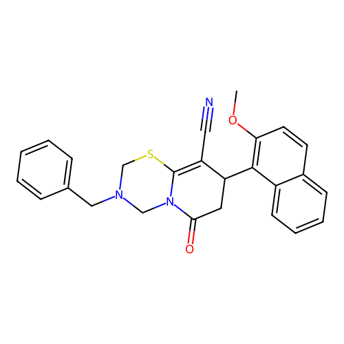 3-benzyl-8-(2-methoxynaphthalen-1-yl)-6-oxo-2,3,4,6,7,8-hexahydropyrido[2,1-b][1,3,5]thiadiazine-9-carbonitrile structure
