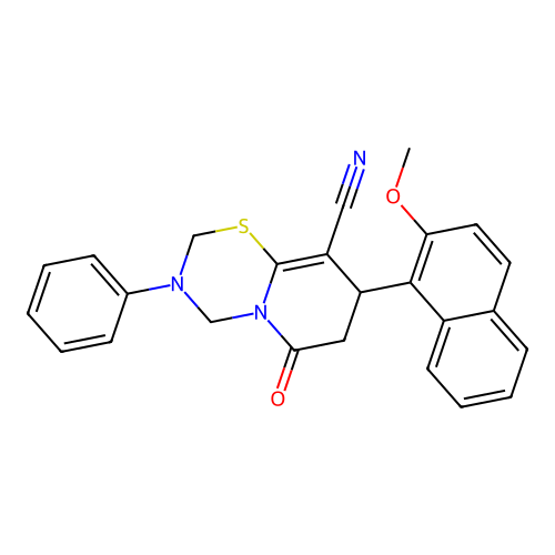 8-(2-methoxynaphthalen-1-yl)-6-oxo-3-phenyl-2,3,4,6,7,8-hexahydropyrido[2,1-b][1,3,5]thiadiazine-9-carbonitrile structure