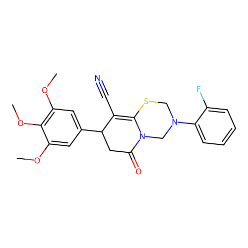 3-(2-fluorophenyl)-6-oxo-8-(3,4,5-trimethoxyphenyl)-3,4,7,8-tetrahydro-2H,6H-pyrido[2,1-b][1,3,5]thiadiazine-9-carbonitrile structure