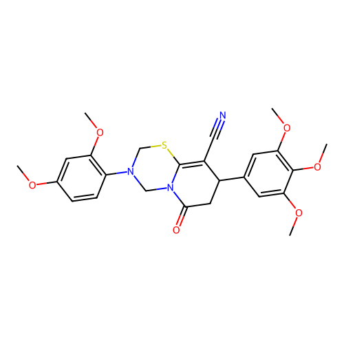 3-(2,4-dimethoxyphenyl)-6-oxo-8-(3,4,5-trimethoxyphenyl)-3,4,7,8-tetrahydro-2H,6H-pyrido[2,1-b][1,3,5]thiadiazine-9-carbonitrile structure