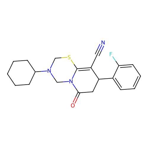 3-cyclohexyl-8-(2-fluorophenyl)-6-oxo-3,4,7,8-tetrahydro-2H,6H-pyrido[2,1-b][1,3,5]thiadiazine-9-carbonitrile structure