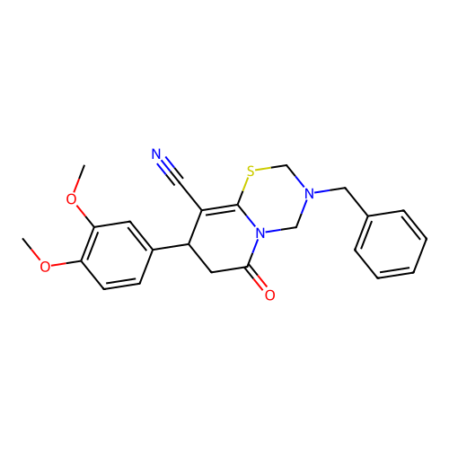 3-benzyl-8-(3,4-dimethoxyphenyl)-6-oxo-2,3,4,6,7,8-hexahydropyrido[2,1-b][1,3,5]thiadiazine-9-carbonitrile structure