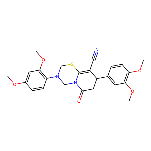 3-(2,4-dimethoxyphenyl)-8-(3,4-dimethoxyphenyl)-6-oxo-3,4,7,8-tetrahydro-2H,6H-pyrido[2,1-b][1,3,5]thiadiazine-9-carbonitrile structure