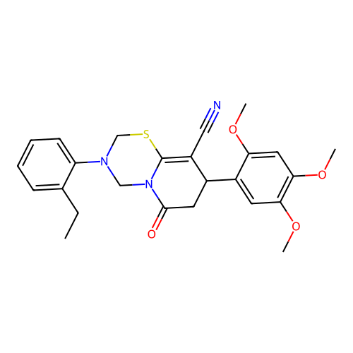 3-(2-ethylphenyl)-6-oxo-8-(2,4,5-trimethoxyphenyl)-2,4,7,8-tetrahydropyrido[2,1-b][1,3,5]thiadiazine-9-carbonitrile structure