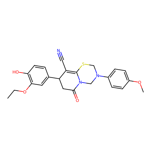 8-(3-ethoxy-4-hydroxyphenyl)-3-(4-methoxyphenyl)-6-oxo-3,4,7,8-tetrahydro-2H,6H-pyrido[2,1-b][1,3,5]thiadiazine-9-carbonitrile structure