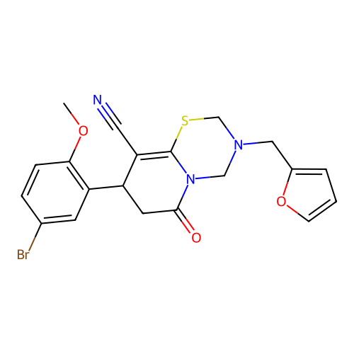 8-(5-bromo-2-methoxyphenyl)-3-(furan-2-ylmethyl)-6-oxo-3,4,7,8-tetrahydro-2H,6H-pyrido[2,1-b][1,3,5]thiadiazine-9-carbonitrile structure