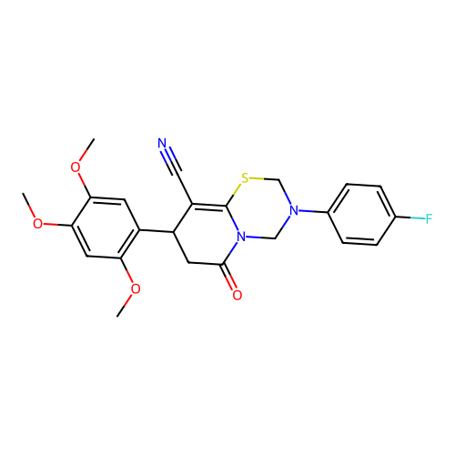 3-(4-fluorophenyl)-6-oxo-8-(2,4,5-trimethoxyphenyl)-3,4,7,8-tetrahydro-2H,6H-pyrido[2,1-b][1,3,5]thiadiazine-9-carbonitrile structure
