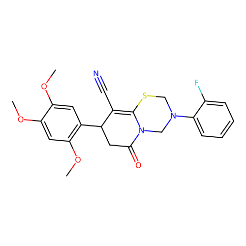 3-(2-fluorophenyl)-6-oxo-8-(2,4,5-trimethoxyphenyl)-3,4,7,8-tetrahydro-2H,6H-pyrido[2,1-b][1,3,5]thiadiazine-9-carbonitrile structure