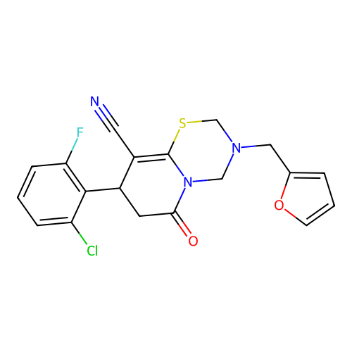 8-(2-chloro-6-fluorophenyl)-3-(furan-2-ylmethyl)-6-oxo-2,4,7,8-tetrahydropyrido[2,1-b][1,3,5]thiadiazine-9-carbonitrile structure