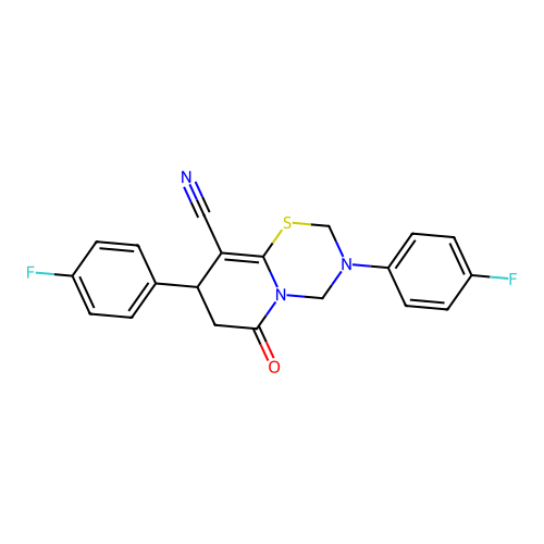 3,8-bis(4-fluorophenyl)-6-oxo-3,4,7,8-tetrahydro-2H,6H-pyrido[2,1-b][1,3,5]thiadiazine-9-carbonitrile structure